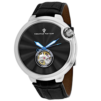 Christian Van Sant Men's Cyclone Automatic Black Dial, Black Leather
Strap Watch