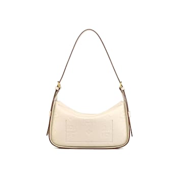 MCM Small Aren E/W Flap Hobo with Embossed Monogram Leather in Oatmeal Handbag