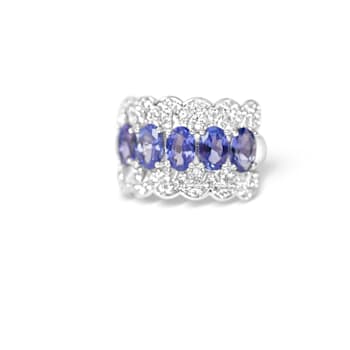 Rhodium Over Sterling Silver Oval Tanzanite and White Zircon Ring 2.22ctw
