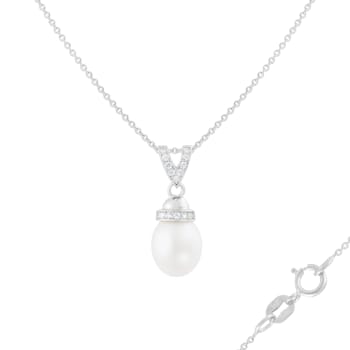 8-9mm White Cultured Freshwater Pearl Sterling Silver Pendant W/Chain