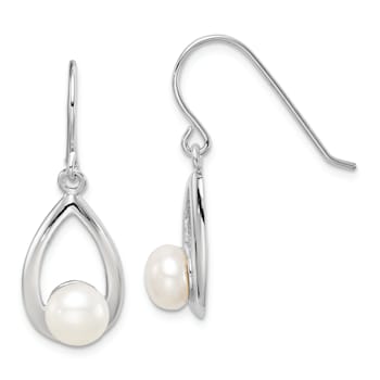 Rhodium Over Sterling Silver Polished Freshwater Cultured Pearl Teardrop
Dangle Earrings