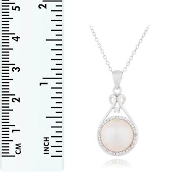 10-11mm Button White Cultured Freshwater Pearl and CZ Rhodium Over
Sterling Silver Pendant