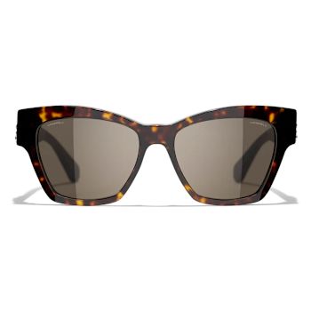 Chanel Dark Havana w Leather Arm Detail and "CC" Logo Frame /
Brown Lens Sunglasses