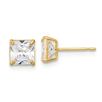 14K Yellow Gold 5mm Square Cubic Zirconia Basket Set Stud Earrings