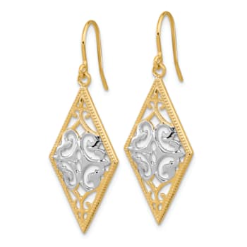 14K Two-tone Gold Diamond Shape Filigree Dangle Earrings