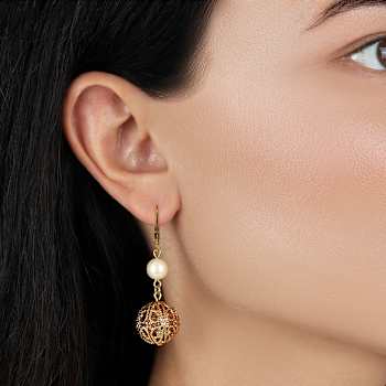 Gold Tone Faux Pearl & Gold Filigree Round Bead Drop Earrings