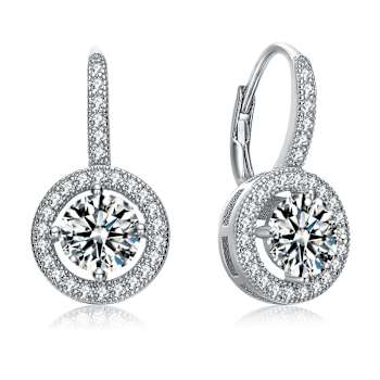 CZ Halo Drop Earrings In Sterling Silver