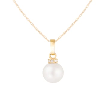 White Cultured Freshwater Pearl and Diamond 14K Yellow Gold Pendant 8-8.5mm