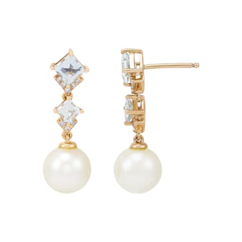 8-8.5mm Round White Freshwater Pearl with Aquamarine and Diamond 14K
Yellow Gold Drop Earrings