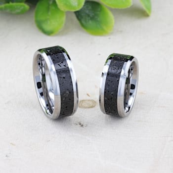 KILAUEA Men’s Polished Tungsten Wedding Band with Lava Rock Stone Inlay
w/Polished Beveled Edges 8mm