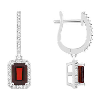 7x5mm Emerald Cut Garnet 1/3 ctw Diamond Rhodium Over Sterling Silver
Halo Dangle Earrings