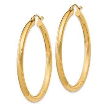 14k Yellow Gold Satin and Diamond-cut 1 9/16" Round Hoop Earrings