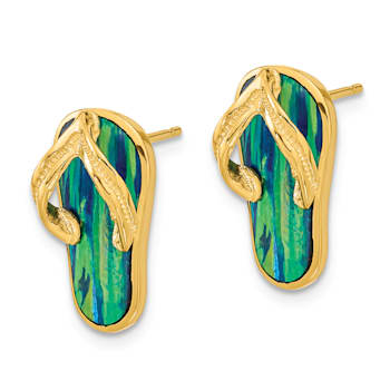 14k Yellow Gold Polished and Textured with Lab Created Blue Opal Flip
Flop Stud Earrings