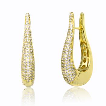 Raindrop CZ Pave Hoop Earrings In 14K Gold Over Brass