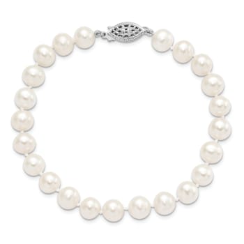 Rhodium Over Sterling Silver 7-8mm White Freshwater Cultured Pearl Bracelet