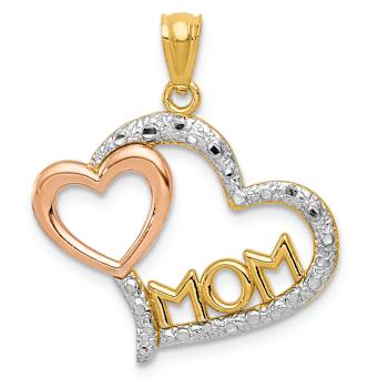 14K Tri-color Gold Diamond-Cut MOM in Heart with Heart Pendant