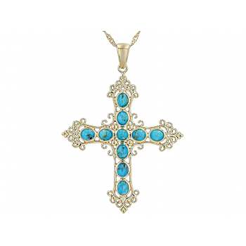 Turquoise Filigree Cross Pendant Necklace In 18K Gold Over Sterling Silver