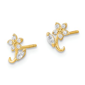 14k Yellow Gold Polished Flower Cubic Zirconia Stud Earrings