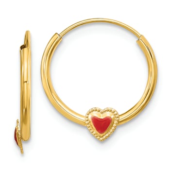 14k Yellow Gold 1/2" Polished Red Enameled Heart Hoop Earrings