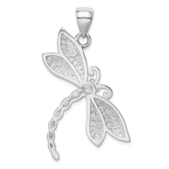 Rhodium Over Sterling Silver Polished and Textured Dragonfly Pendant