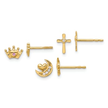 14k Yellow Gold Polished Cubic Zirconia Moon Cross and Crown Three Pair
Stud Earrings Set
