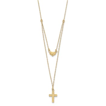 14K Yellow Gold Polished 2-Strand Diamond-cut Cross and Heart with
2-inch Extension Necklace