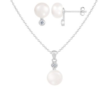 8-8½mm Button White Freshwater Pearl and CZ Rhodium Over Sterling
Earring and Pendant W/Chain Set