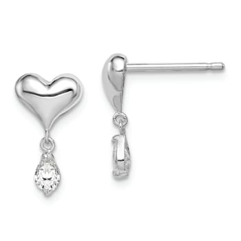 Sterling Silver Rhodium-plated CZ Heart Post Dangle Earrings
