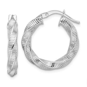 Rhodium Over 14k White Gold 11/16" Twisted and Textured Round Hoop Earrings