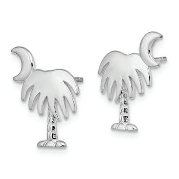 Rhodium over 14k White Gold White Charleston Palm Tree with Moon Stud Earrings