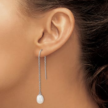 Rhodium Over Sterling Silver  7-8mm Freshwater Cultured Pearl Threader Earrings