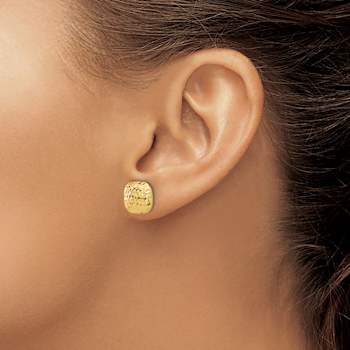 14k Yellow Gold 10mm Polished and Diamond-Cut Puffed Square Stud Earrings