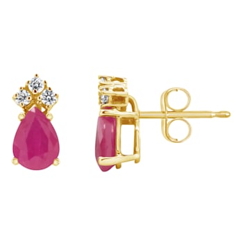 6x4mm Pear Shape Ruby with Diamond Accents 14k Yellow Gold Stud Earrings