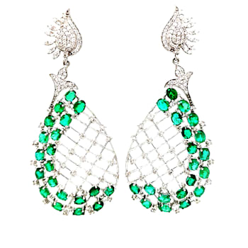 9.30 Ctw Emerald and 2.45 Ctw White Diamond Earring in 14K WG