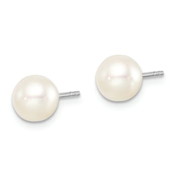 Rhodium Over Sterling Silver 6-7mm White Round FWC Pearl Stud Earrings