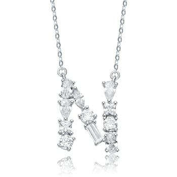 Initial N Mixed Cut CZ Pendant Necklace In Sterling Silver 18 Inch