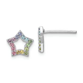 Rhodium Over Sterling Silver Rainbow Crystal Star Post Earrings