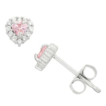 Pink And White Cubic Zirconia Rhodium Over Sterling Silver Children's
Heart Earrings 0.51ctw