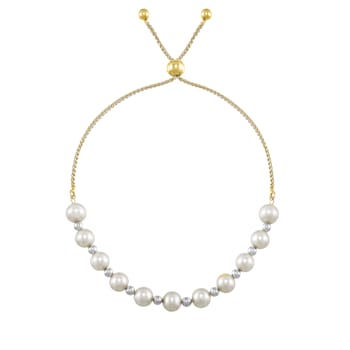 White Freshwater Pearl and Metal Bead 14K Yellow Gold Over Sterling
Silver Bolo Bracelet