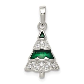 Rhodium Over Sterling Silver CZ and Enameled Christmas Tree Pendant