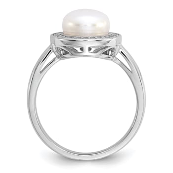 Rhodium Over Sterling Silver Freshwater Cultured Pearl and Cubic
Zirconia Halo Ring