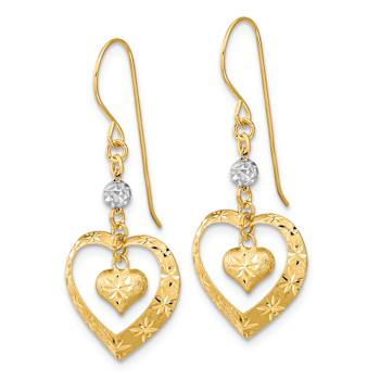 14k Two-tone Satin, Textured and Diamond-Cut Heart Dangle Earrings