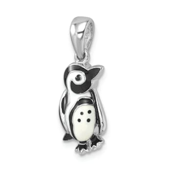 Rhodium Over Sterling Silver Polished Enamel Penguin Pendant