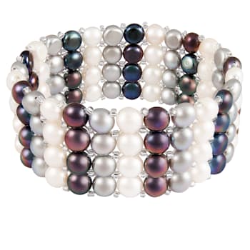 6-7mm Black, Silver, and White Cultured Freshwater Pearl Silver  Bracelet