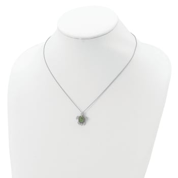 Rhodium Over Sterling Silver Green Glass and Cubic Zirconia Turtle Necklace