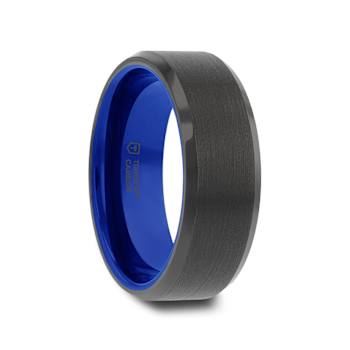 RIGEL Flat Beveled Edges Black Tungsten Ring with Brushed Center and
Vibrant Blue Ceramic Inside 8mm