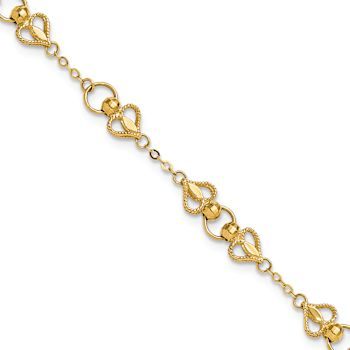 10k Yellow Gold Diamond-Cut Textured Hearts and Beads Link Bracelet