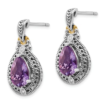 Sterling Silver Antiqued with 14K Accent Diamond and Amethyst Earrings