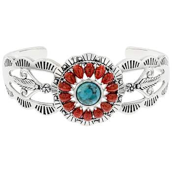 Turquoise And Coral Southwest Design Sterling Silver Cuff Bracelet
