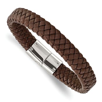 Braided Brown Leather and Stainless Steel Polished 8.5-inch Bracelet